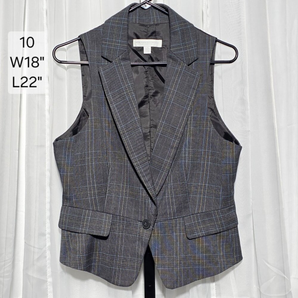 New York & Company Grey Plaid Suit Vest Button Front Size 10